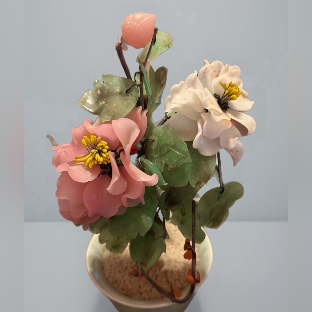 Vintage Japanese Bonsai made w/ real jade, rose quartz and porcelain